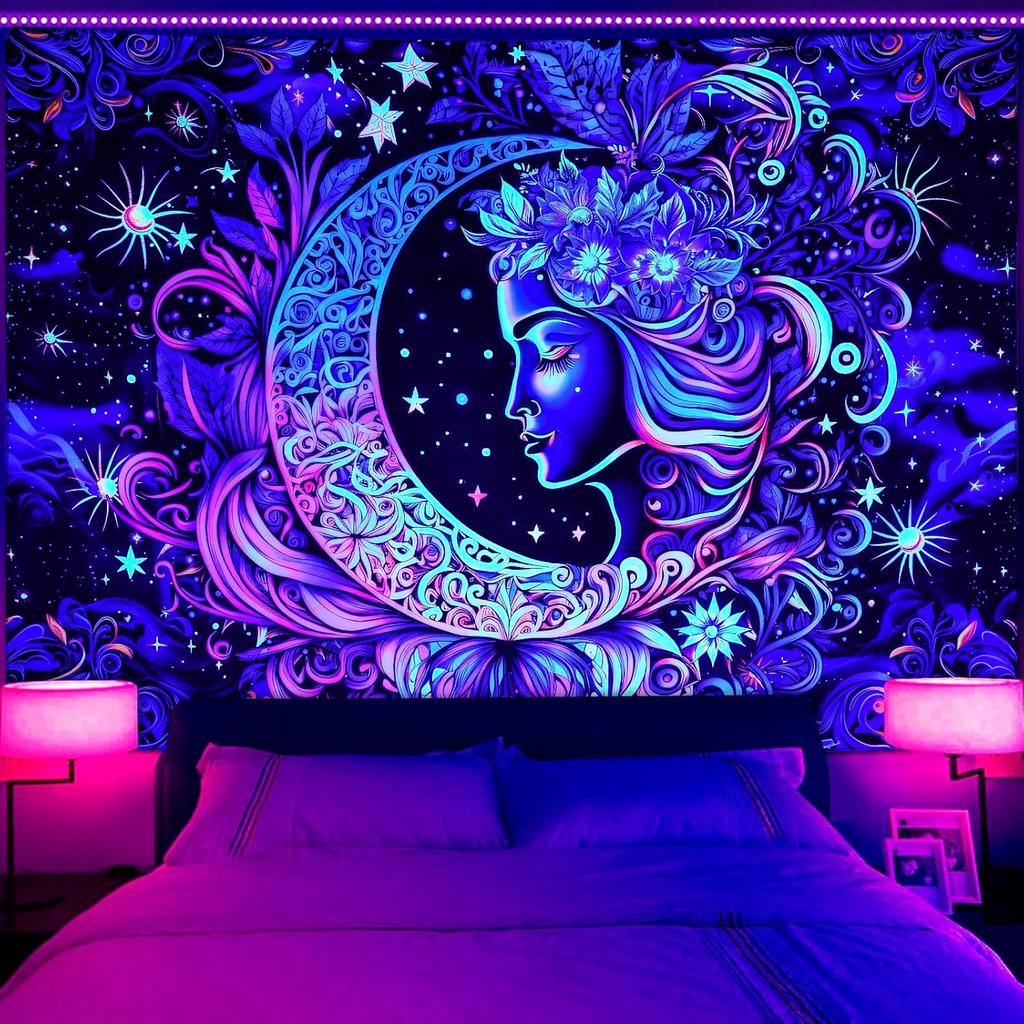 AtawLege Blacklight UV Reactive Wall Art - Moon and Star Tapestry, Sun Mandala Tapestry, Aesthetic Boho Wall Hanging for Bedroom (51.2 X 59.1 Inches)