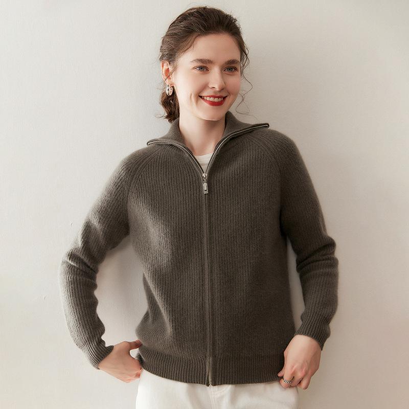 Women's Retro Cashmere Stand Collar Cardigan - Double Zipper, Long Sleeve, Age-Reducing Base Layer Top