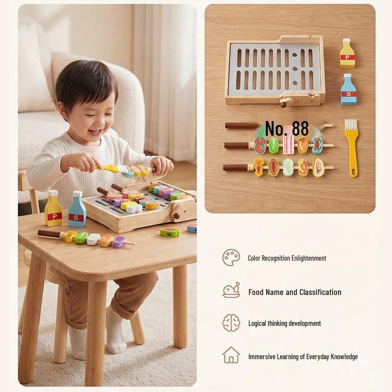 Children's Interactive Wooden BBQ Grill Role-Playing Toy with Building Blocks for Hand-Eye Coordination