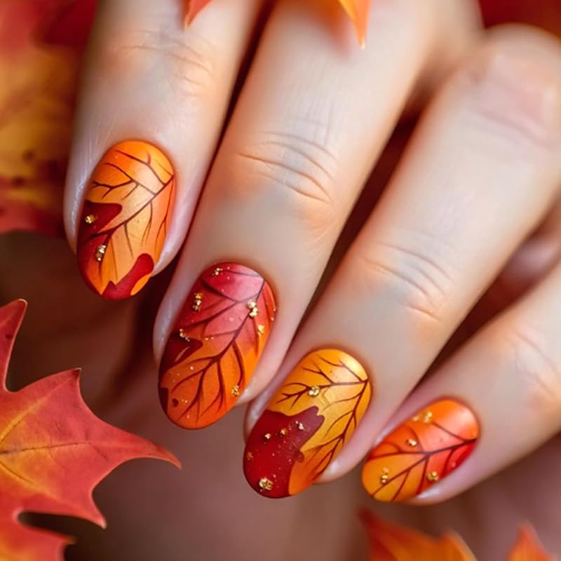 Maple Leaf Press on Nails Fall Leaves Stick on Fingernails Thanksgiving Short Square False Nails 24Pcs Glossy Silver Glitter Acrylic Fake Nail Autumn