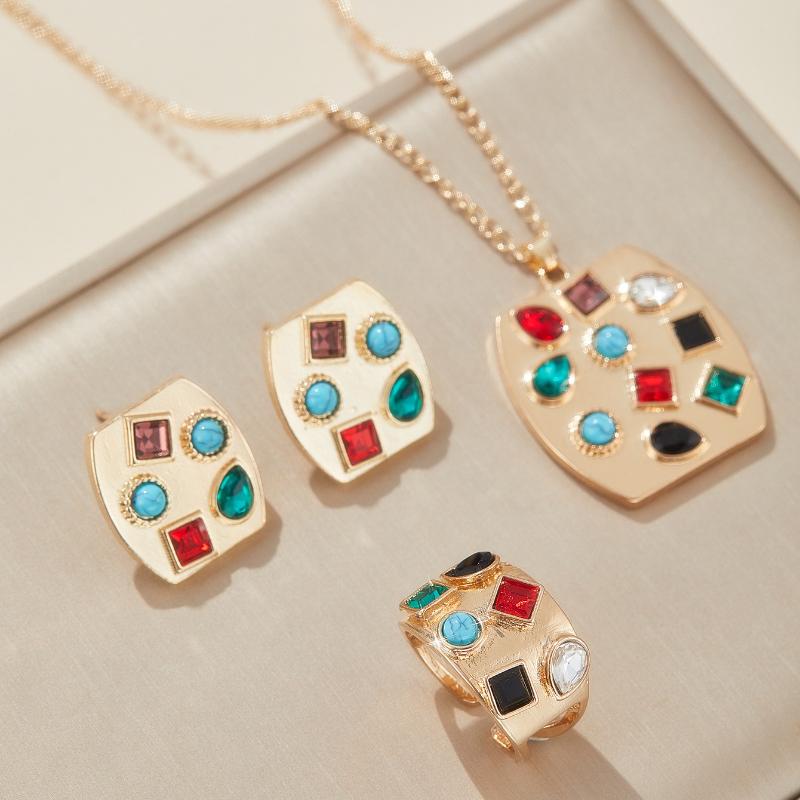 New Jewelry Set with Colorful Inlaid Zirconia Pendant Necklace Earrings Ring Holiday Party Accessories 3pcs/set