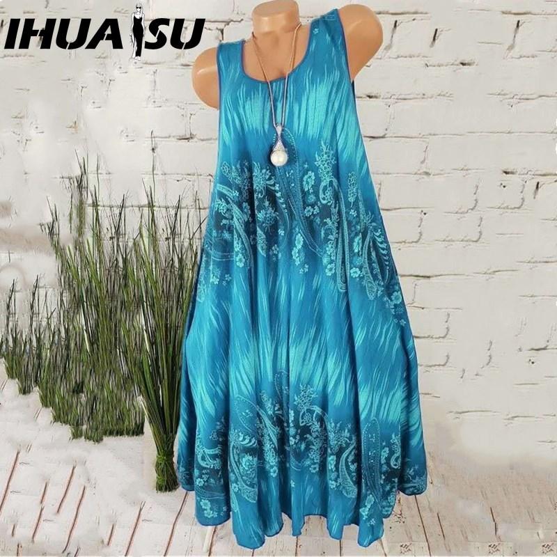 

IHUASU Женское летнее платье без рукавов с цветочным принтом и круглым вырезом XXXXL синий