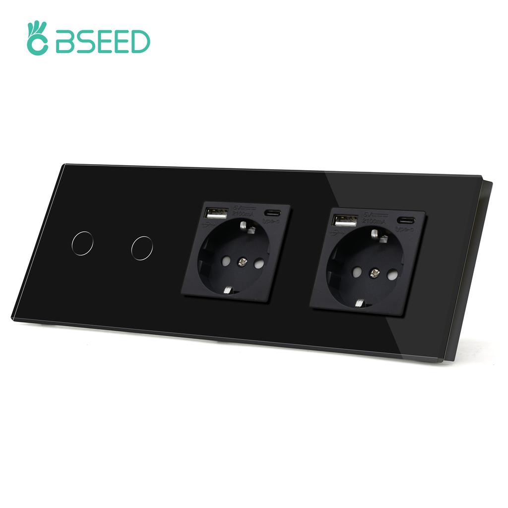 BSEED 1/2/3fach Touchschalter 1-Weg Lichtschalter mit EU-Wandsteckdosen USB Typ-C Steckdosen Glasplatte Schwarz