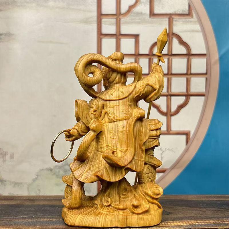 Natural Cypress Nezha Mythical figure statue- Solid Wood Carving Home Room Office Car Decoration Accessories 11cm / 4.32 in