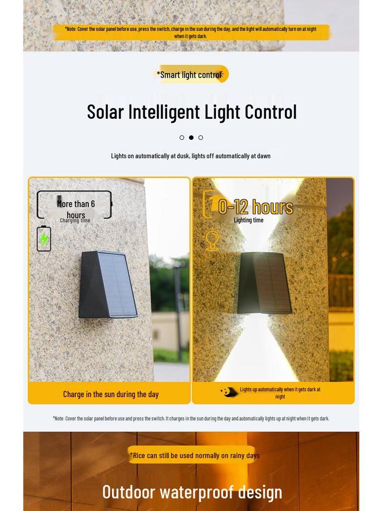 Solar Waterproof Wall Washer Light: Outdoor Courtyard Villa Decoration, Up/Down Lighting for Garden Atmosphere.