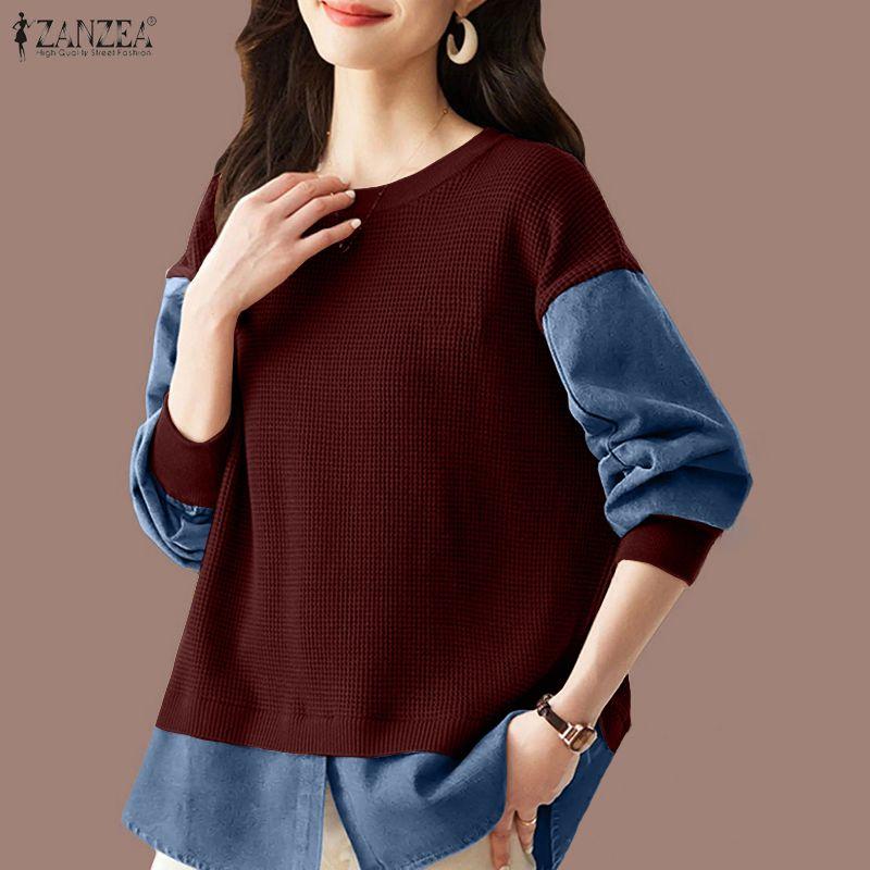 ZANZEA Women Casual Round Neck Patchwork Long Sleeve Loose Autumn Pullover Tops