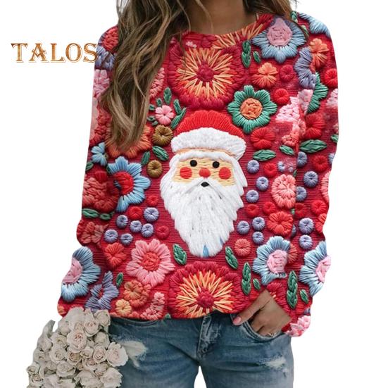 Julegenser Dame 3D Juletre Hus Trykk Rund Hals Langermet Topper Lett Ferie Genser Topper
