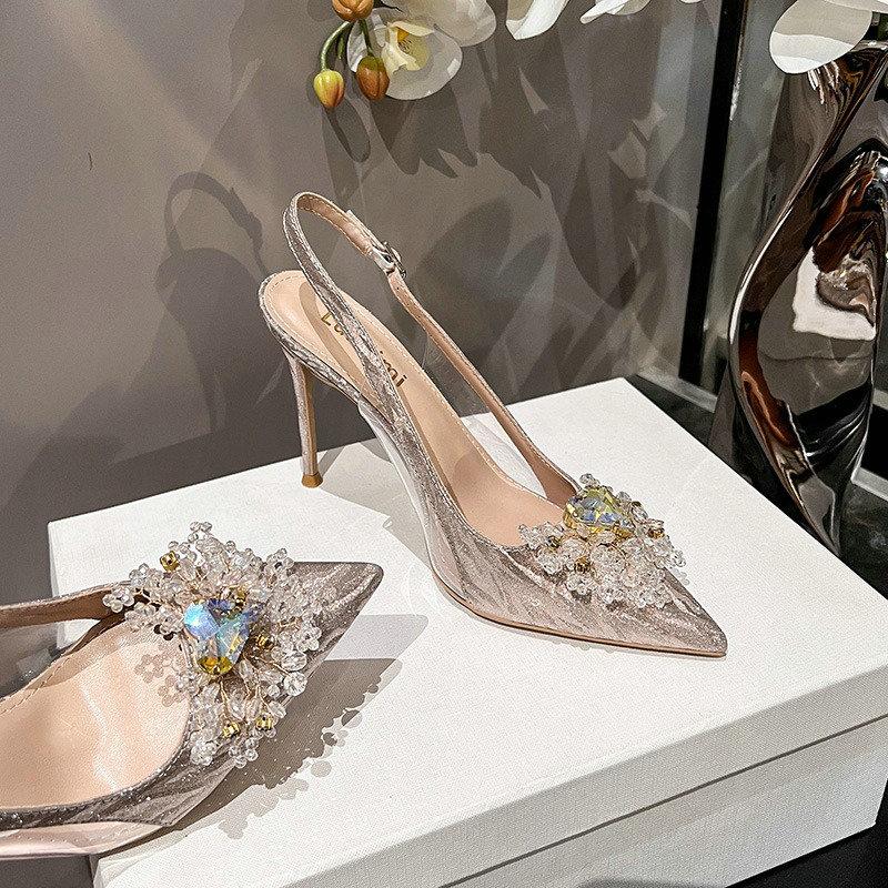 Fashion 2025 New Fine Heel Pointy Diamond Pumps Pearl Wedding Shoes Sparkles Baotou Glass Glue High-heeled Sandals