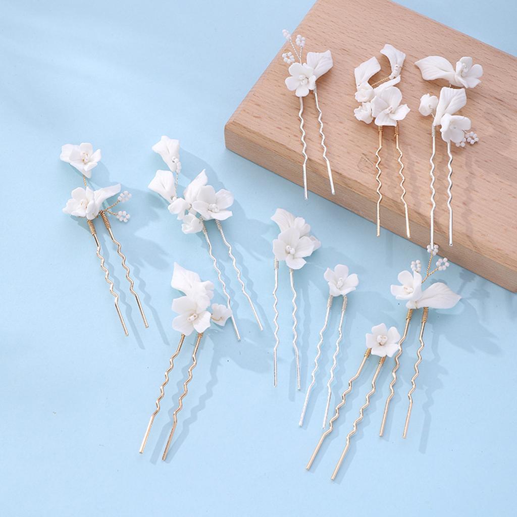 5PCS U-Shape Hairpin with Ceramic Flower Anti-slip Stable Grip Wedding Bridal Headdress for Birthday Stage Party Hairstyle Making