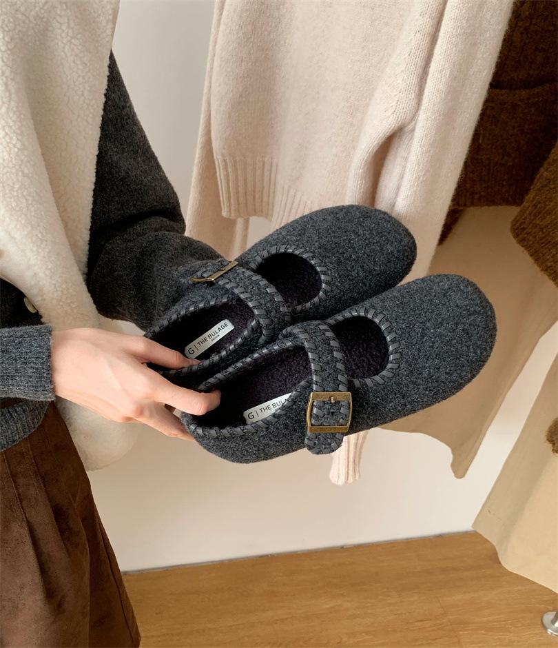 2025 autumn and winter new round head with velvet thick-soled warm women's cotton shoes fashion woven women's single shoes