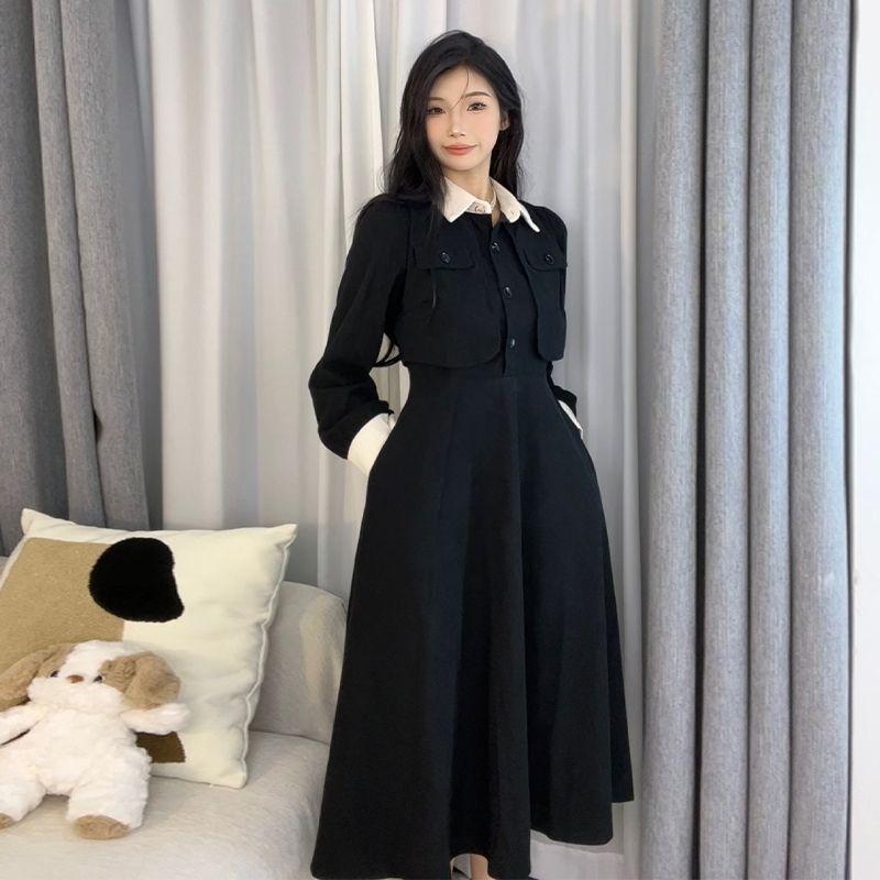 Early autumn skirt, new black French dress, women's spring and autumn dress, fake two-piece waist dress