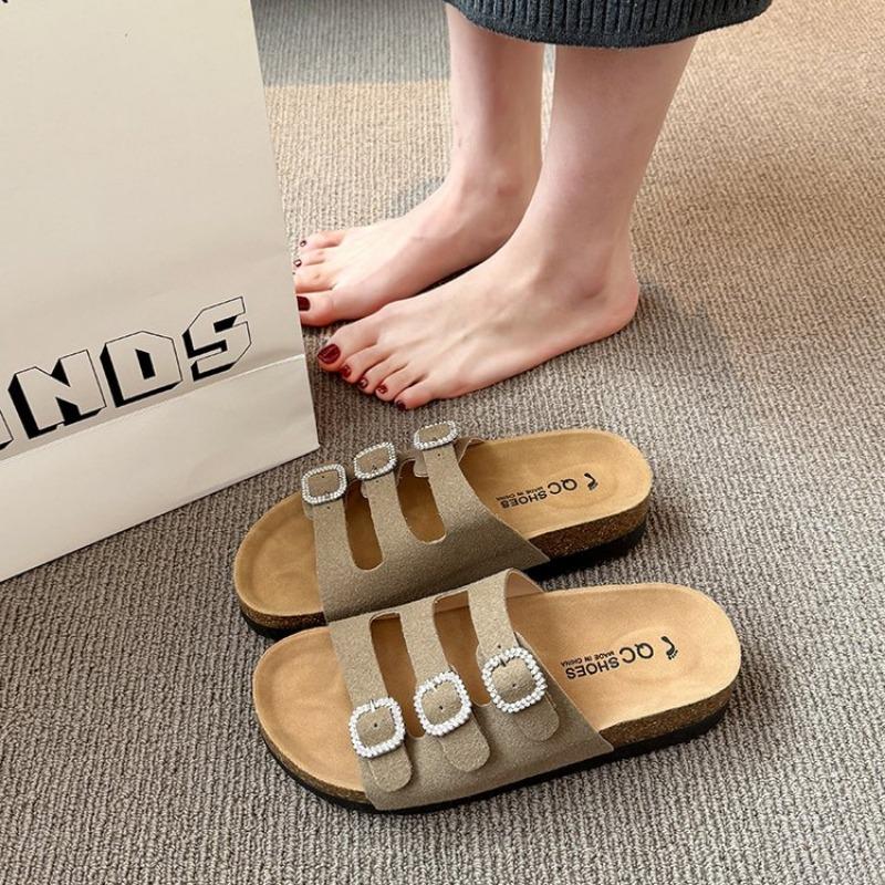 

Fashion Flip Flops Women Slippers Female Metal Rivets Plat Slides Soft Cork sole Open Toe Indoor Outdoor Beach Casual Shoes Home Slipper 35 хаки