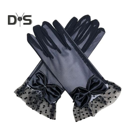 

1 пара женских выпускных перчаток, прозрачные кружевные перчатки с бантом, ажурные ажурные оборки, тонкие, с полным пальцем, для выступлений, для невесты, свадебные перчатки чёрный