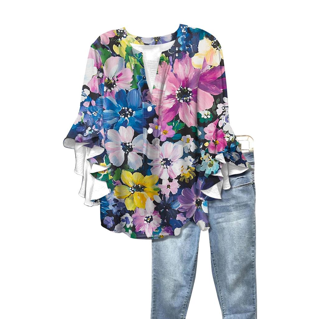 Letnie damskie topy z dekoltem w serek i rękawem trzy czwarte, koszule w stylu vintage z kwiatowym nadrukiem, codzienne koszule