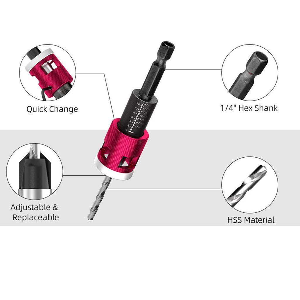 5 Piece Countersink Drill Bit Set with M2 High Speed Steel and Adjustable Depth for Use with Most Drill Machines