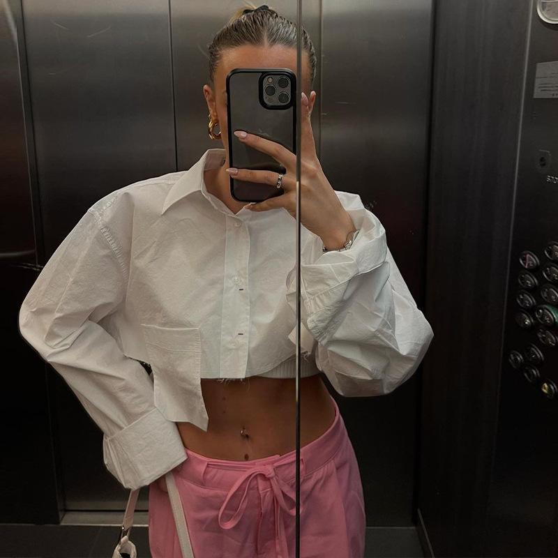 Autumn Fashion Chic White Women Blouse Sexy Lapel Long Sleeve Crop Shirts Lady Streettop Woman Blusas Clothing Pockets