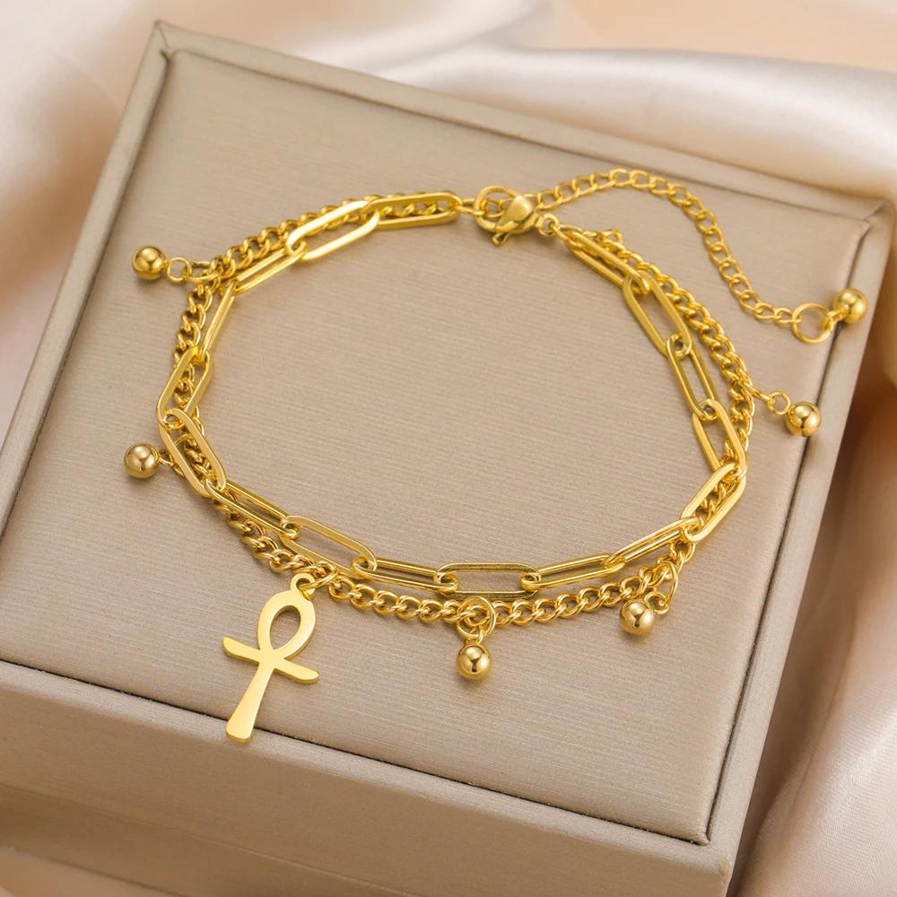 Retro Vintage Bracelet Charm Amulet Talisman Ankh Cross Men Women Egypt Egyptian Key Life Religious Jewelry Gift Hip Hop Rock Goth Gothic