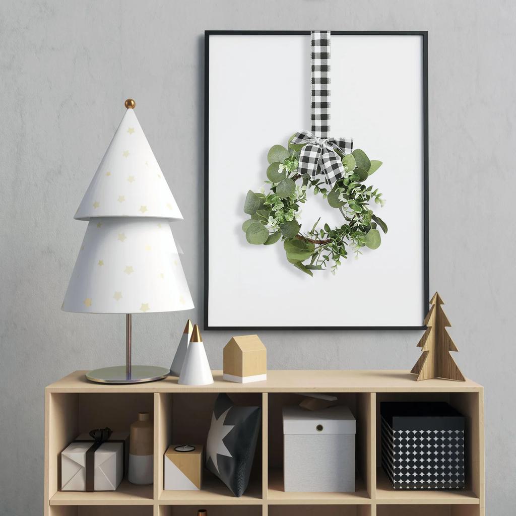 Wreath With Bow-Knot Christmas Decor Artificial Plant Fake Flower DIY Crafts Candle Rings Gift Box Window Wall Dining Table