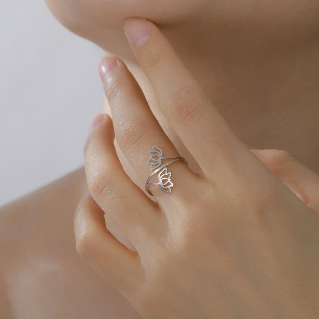 Fashionable hollow double lotus opening ring stainless steel irregular minimalism Bohemian lotus eternal ring yoga couple gift