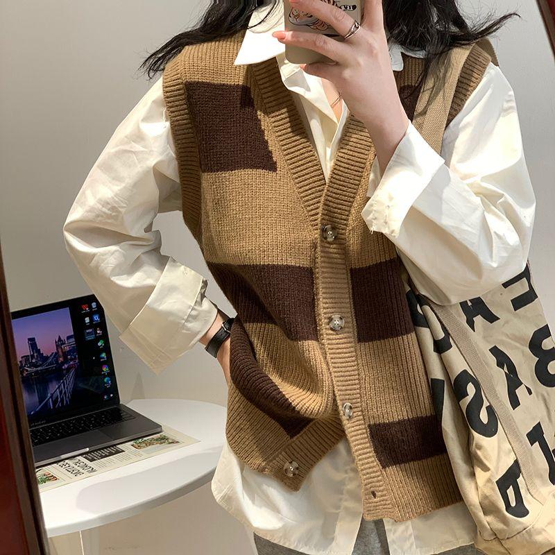 Single-breasted Striped Knitted Cardigan Spring New Women Fashion Sleeveless Knitted Sweater Slim Korean Vest Cardigan