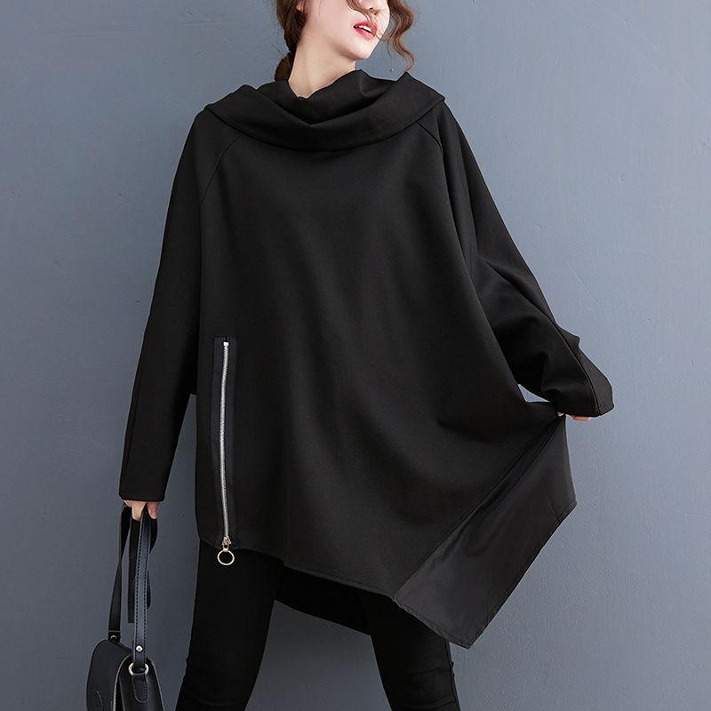 Plus Size Women Loose Black Zipper Irregular Casual Sweatshirt Long Sleeve Big Size Oversized Spring Autumn Hoodie