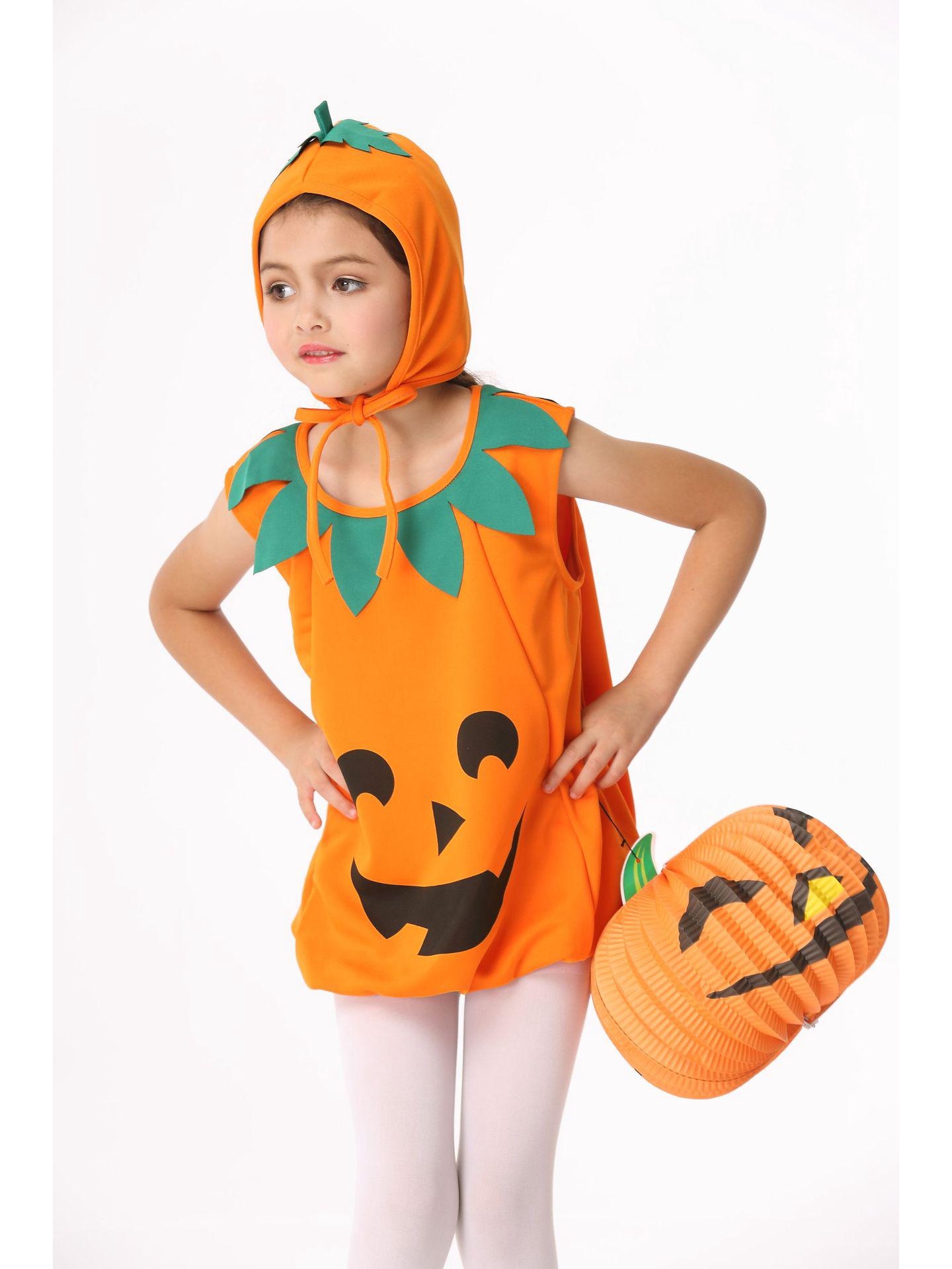 

2024 Хэллоуин Детский костюм шляпы и платья тыквы - Милый двухпредметный наряд без рукавов S (95cm-105cm) оранжевый