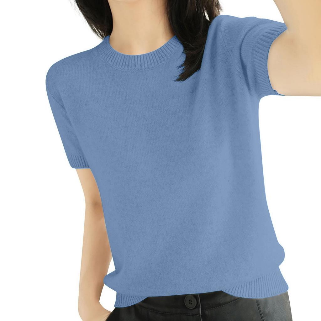 Women's Short Sleeved Knitted Sweater Round Neck Loose Thin Top