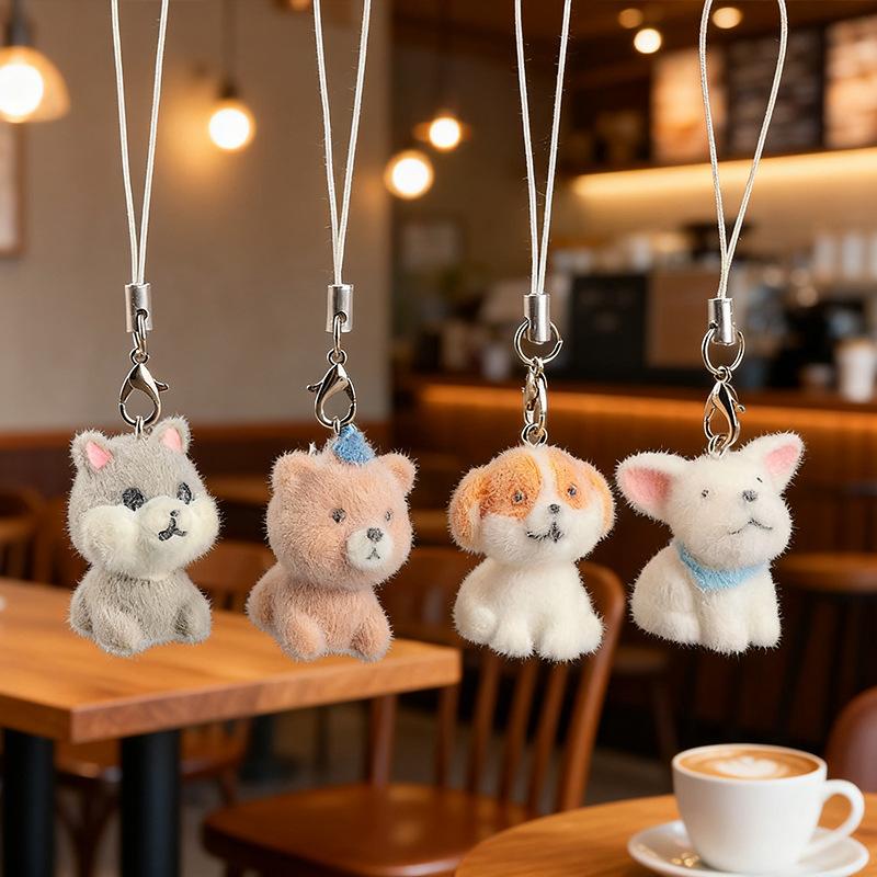 2Pcs Cute Flocking Resin Dog Keychains Bag Pendant Cartoon Animal Mobile Phone Lanyard Accessories Hanging Decoration