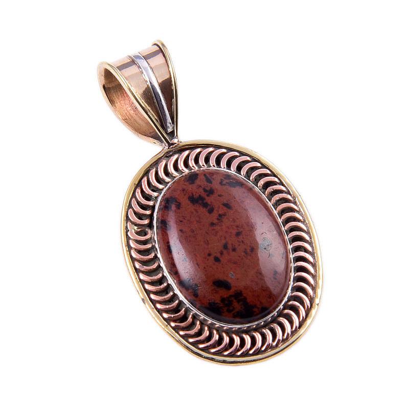 Natural Mahogany Obsidian Gemstone 925 Solid Silver Two Tone Pendant 1.50" Y2R20