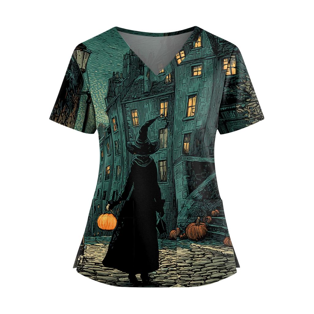 Halloween Print V Neck Short Sleeve Nurse Scrub Top with Dual Pockets and Side Slits Medical Uniform Shirt for Healthcare Professionals