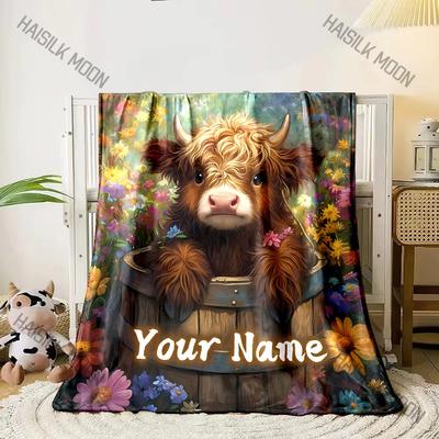 Floral Highland Cattle Printed Blanket Can Be Custom with Name, Soft and Warm, Suitable for Home, Office, Camping and Girls Gift