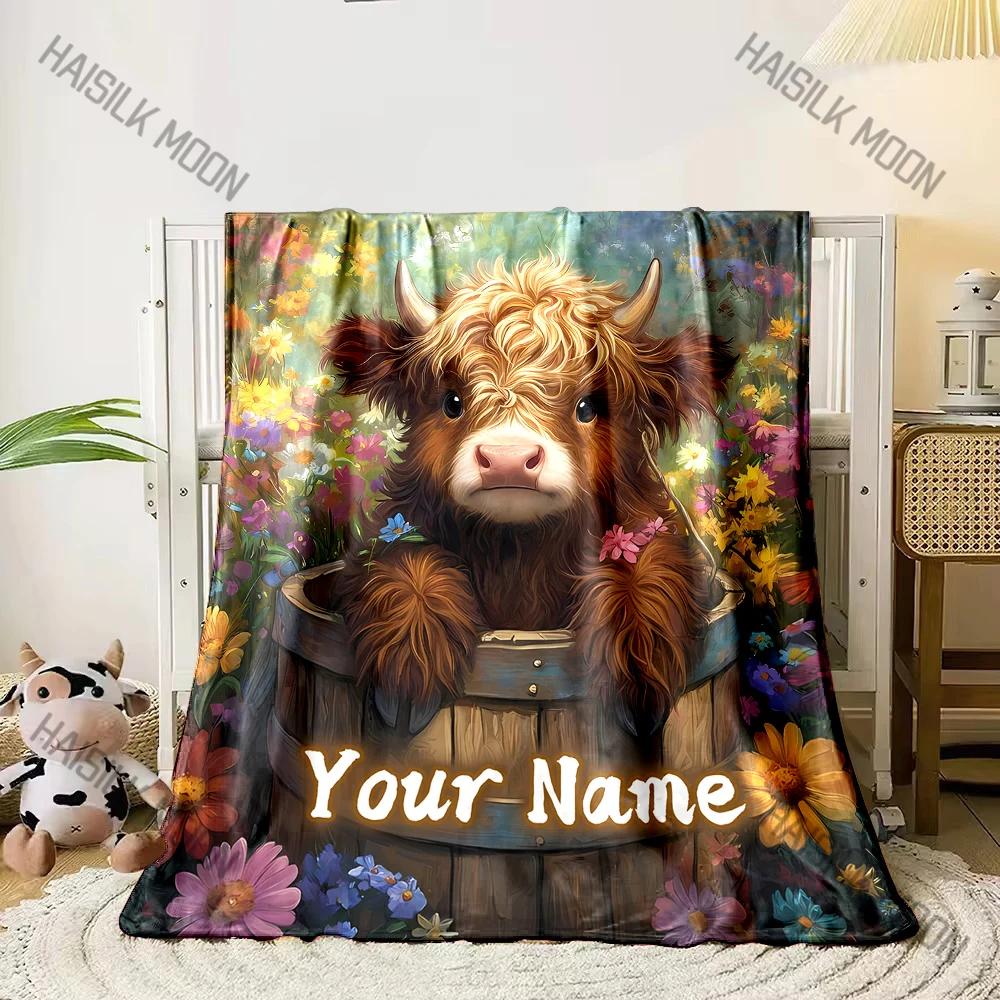 

Floral Highland Cattle Printed Blanket Can Be Custom with Name, Soft and Warm, Suitable for Home, Office, Camping and Girls Gift 75x90cm
