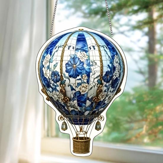 Stained Glass Style Hot Air Balloon Suncatcher 2D Acrylic Window Hanging Ornament for Home Garden Wall Window Decor