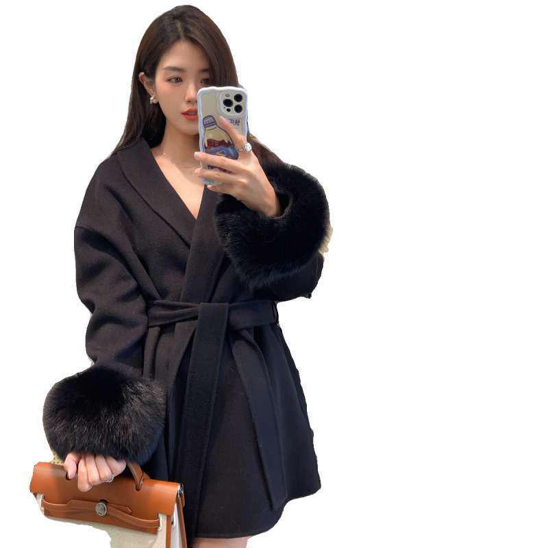 Women's Mid-Length Double-Faced Cashmere Coat with Fox Fur Cuffs for 2025 Autumn/Winter