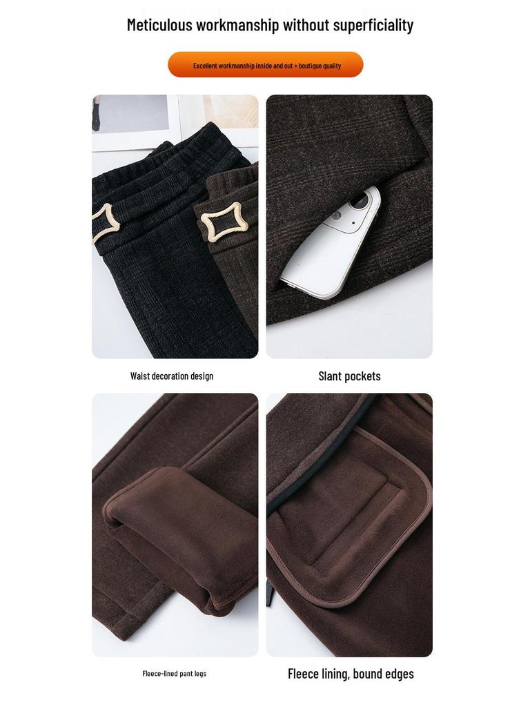 Women's High-Waisted Plaid Acetate Wool Pants - Plus Velvet, Thickened for Warmth, Autumn/Winter Style, Ideal for Middle-Aged Moms