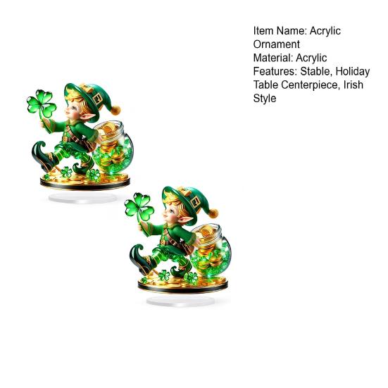 Yousheng 2Pcs Gnome Clover Ornaments, 2D Acrylic St. Patrick Day Ornament with Base, Shamrock Irish Table Centerpiece for Festive Holiday Desktop