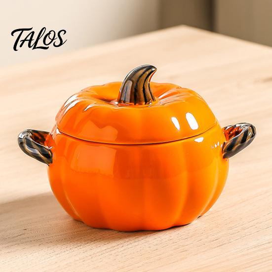 Practical Kitchen Gift for Home Pumpkin Soup Bowl with Lid And Double Handle, Microwave Safe Decorative Thanksgiving Tableware Ceramic Bowl,