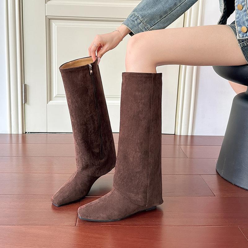 

Брюки ботинки женские осенне-зимние новые на мягкой подошве с внутренней платформой, увеличивающие рост, женские с головкой, но ботфорты до колена 39