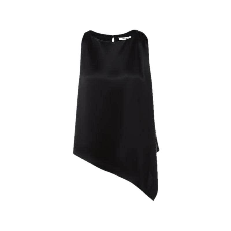 LANCY Women s Black Asymmetric Sleeveless Satin Top S