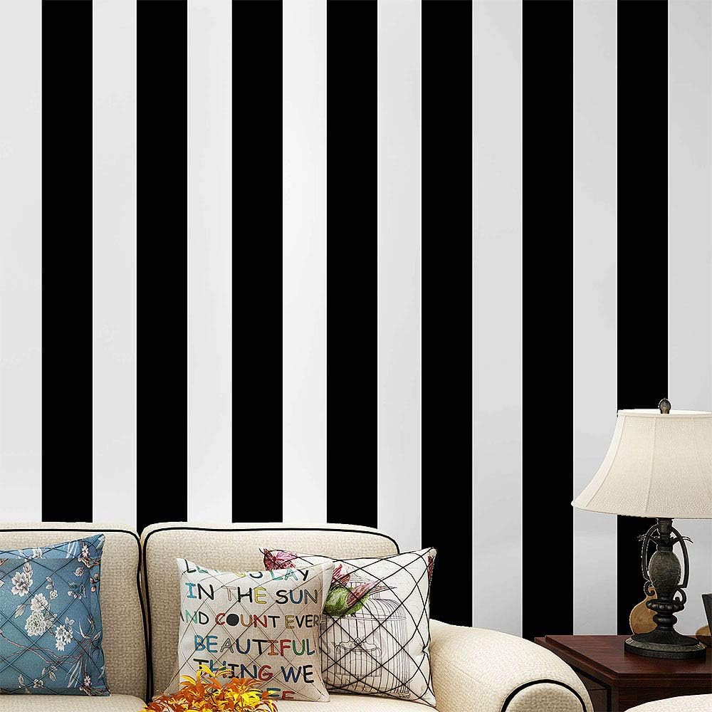 PoetryHome Self Adhesive Vinyl White Black Stripe Peel and Stick Wallpaper Shelf Liner Paper for Walls Furniture Cabinets Bedroom Kitchen Bathroom