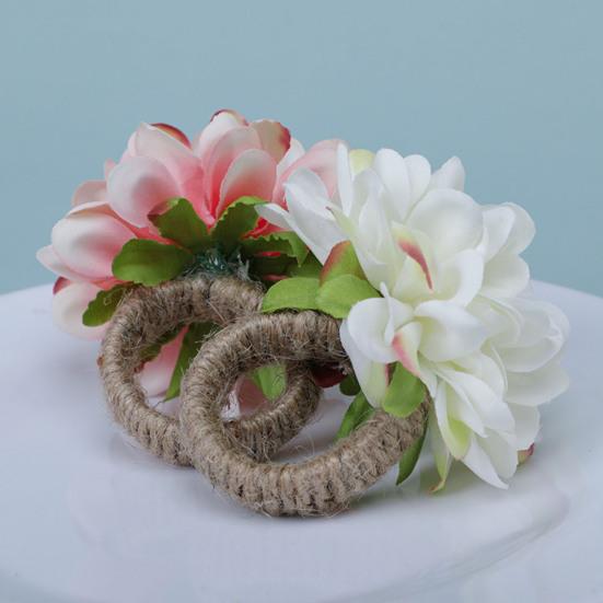 Artificial Flower Napkin Ring Farmhouse Rustic Jute Rope Dinner Napkin Holder Buckle Birthday Wedding Party Hotel Restaurant Table Decoration