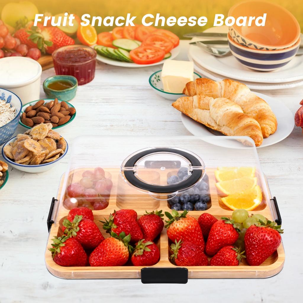 6-Grid Meat Fruit Serving Tray Bamboo Charcuterie Plate with Transparent Lid Divided Food Tray Kitchen Accessories for Camping