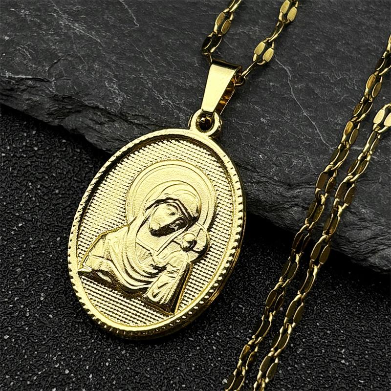 Collana Pendente Medaglia Vergine Maria con Gesù Bambino per Donne Uomini Acciaio Inossidabile Colore Oro Gioielli Cristiani Regalo