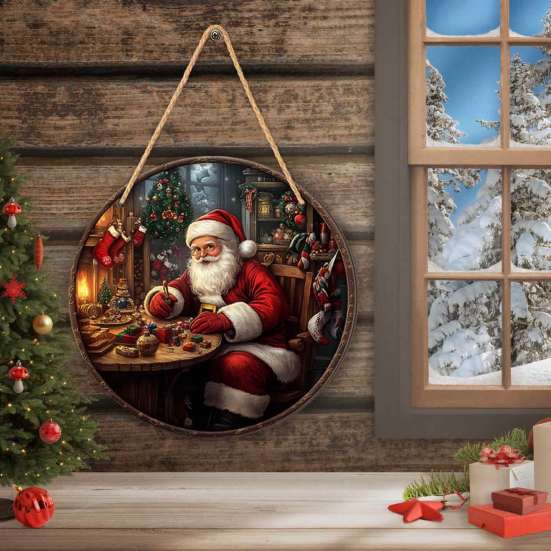 Winter Santa Wall Art Christmas Wooden Round Hanging Sign, Claus Highland Cow Theme Holiday Party Accents Door Decor, Farmhouse Welcome Ornament