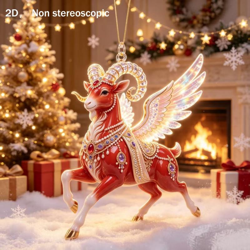 2D Red Golden Ram Christmas Hanging Ornament With Exquisite Details Glossy Finish For Christmas Tree Home Holiday Party Decorati
