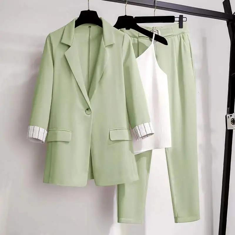 Frühling Übergröße Koreanischer Eleganter Damenanzug Damenblazer Freizeithose Tweedanzugjacke Dreiteiliges Jacke-Hosen-Set