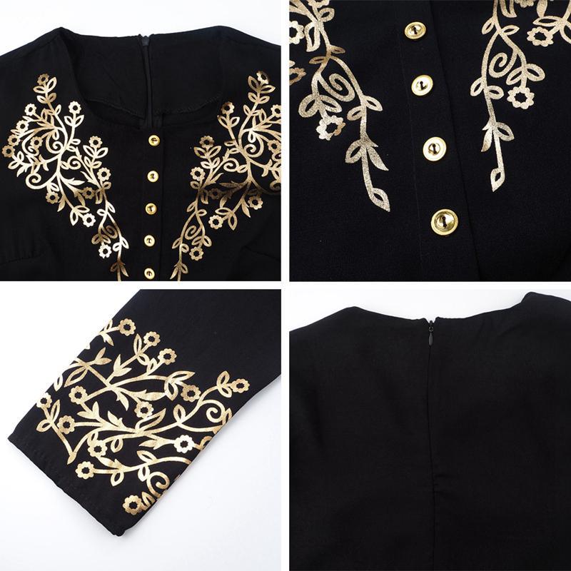Kvinner Muslim Elegant Dress Abaya Dubai Kaftan Muslim Flowers Stamping Dress Langermet løs kjole
