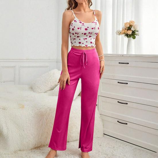 Damen Zweiteiliger Pyjama Set Ärmelloses Cami Crop Top Weitbein Hose Set Sommer Casual