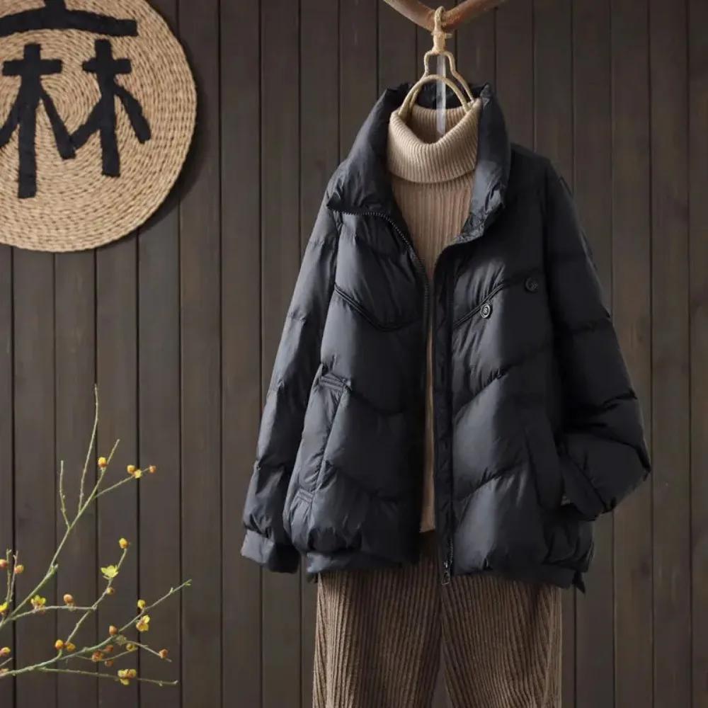 

Женская куртка с белым утиным пухом Зимние пальто Женские куртки-пуховики с коротким воротником-стойкой Теплые женские парки Свободное повседневное пальто с перьями L чёрный