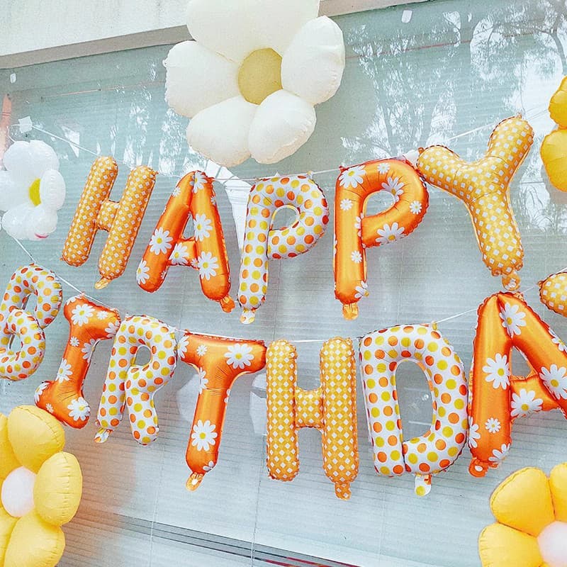 Daisy Flowers Happy Birthday Letter Balloon Flower Aluminum Foil Balloon with Birthday Hat Birthday Party Decoration Supplies